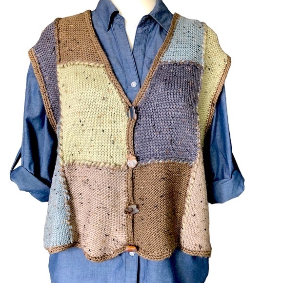 Handknit Sweaters - Handknit Wool Patchwork Vest With Stone Buttons Sz L Very Gently Used Condition